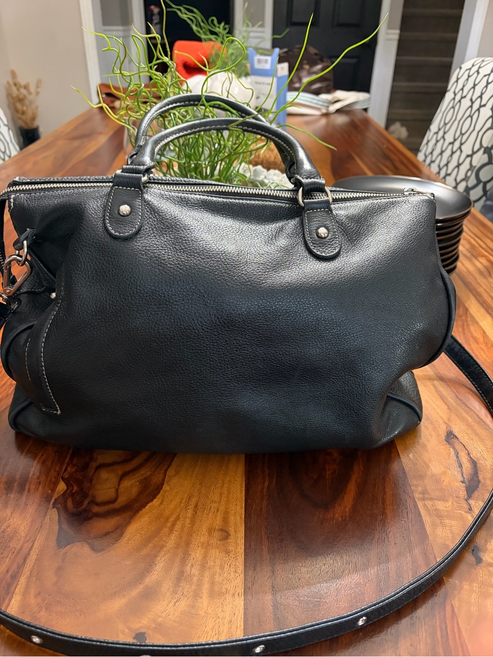 Roots Black Pebbled Leather Duffel Satchel